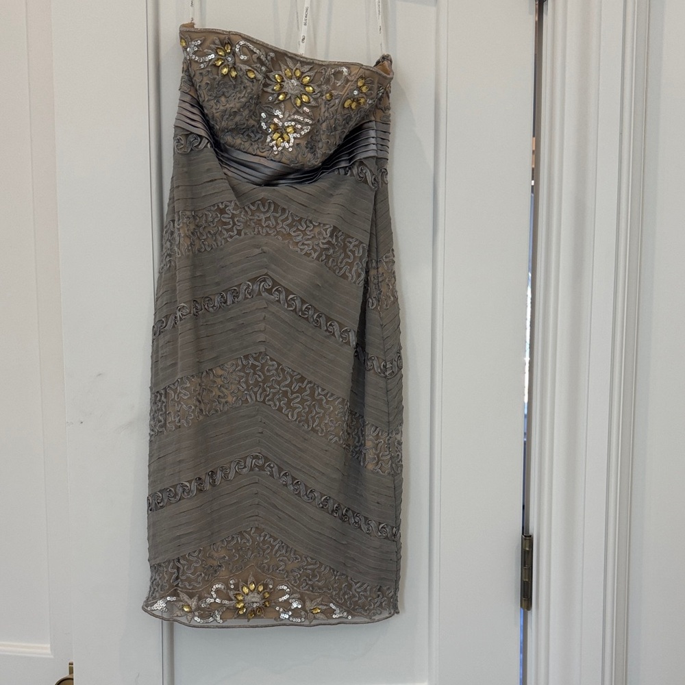 Sue Wong Strapless Dress in Gray with Gold Embellishments